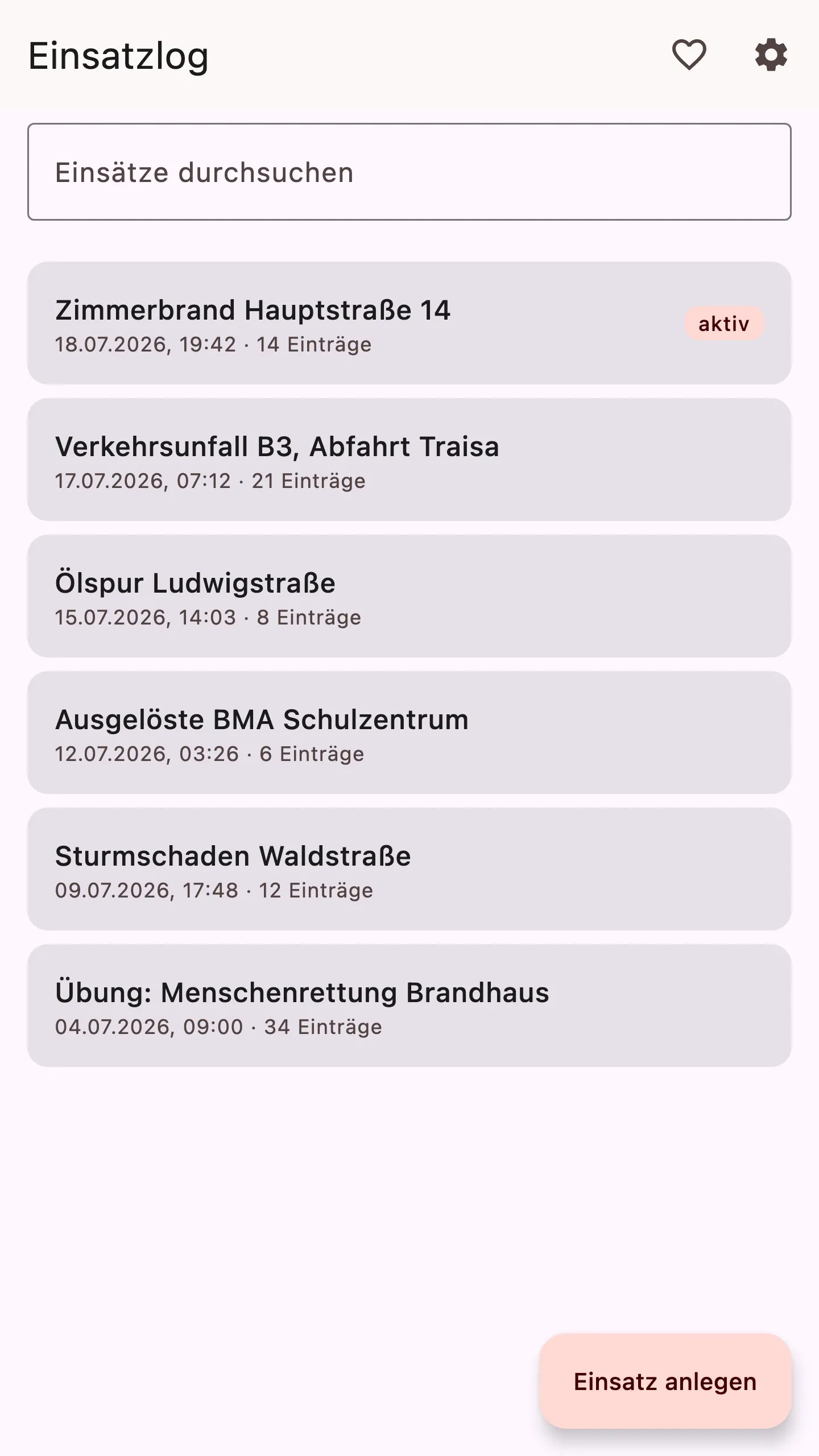 Startbildschirm: durchsuchbare Einsatzliste