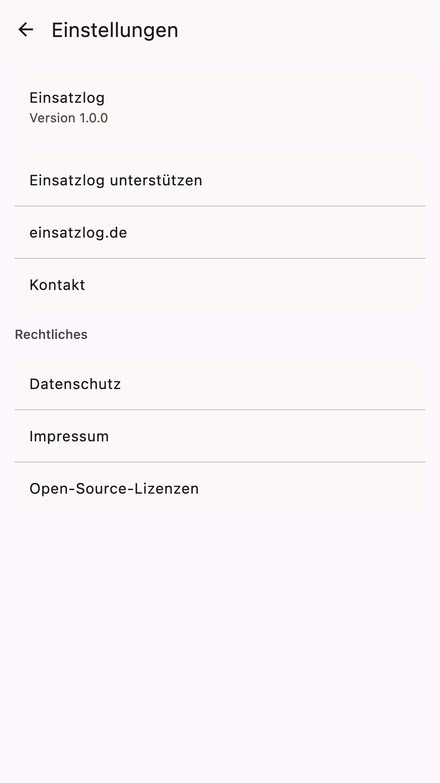 Einstellungen: Version, Sprache, Rechtliches